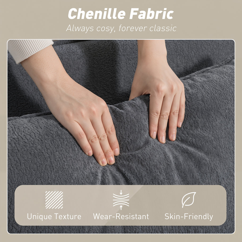 Canapé clic-clac convertible 2 places en chenille gris, poche latérale