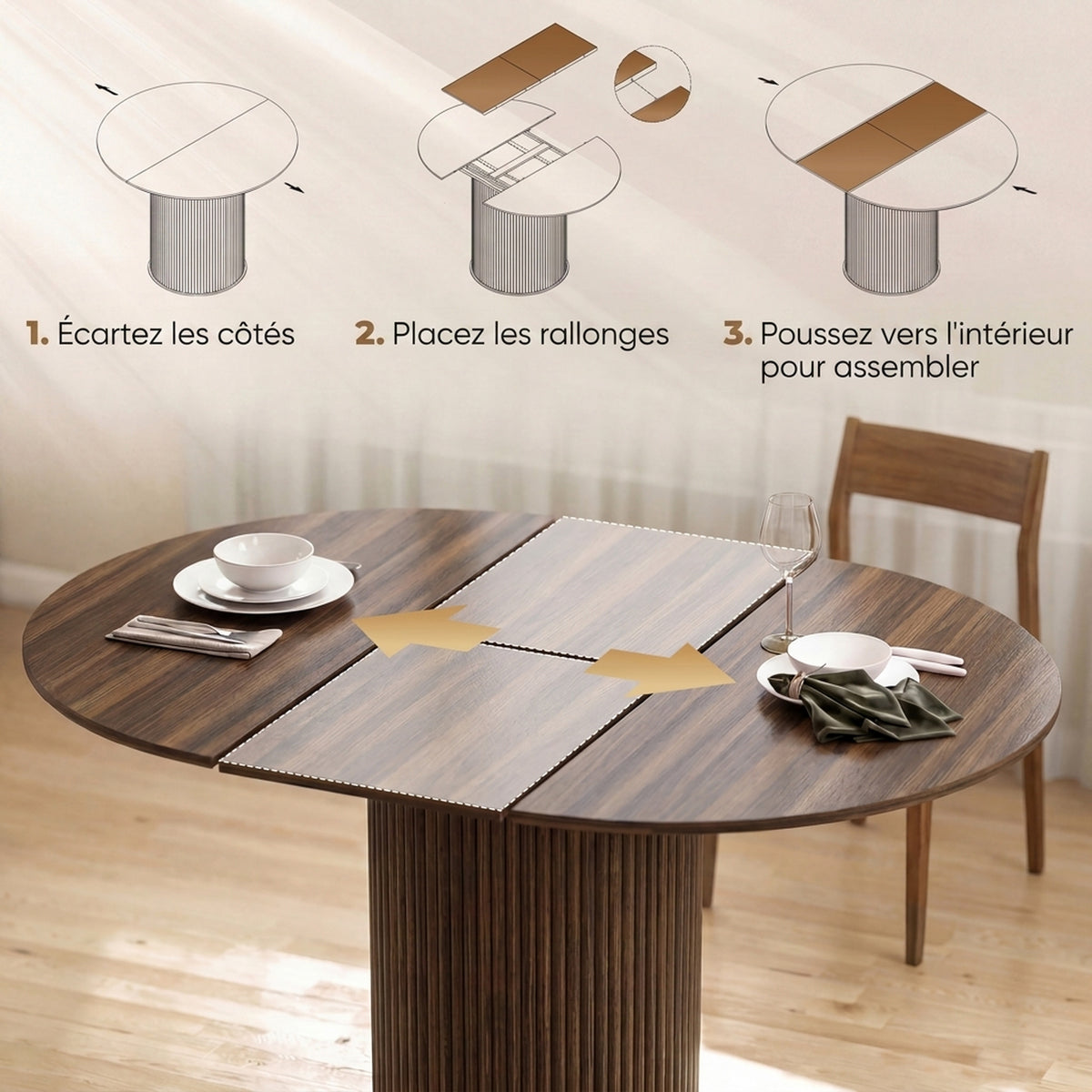 Table à manger extensible 6 à 8 personnes en noyer, 110-150 cm
