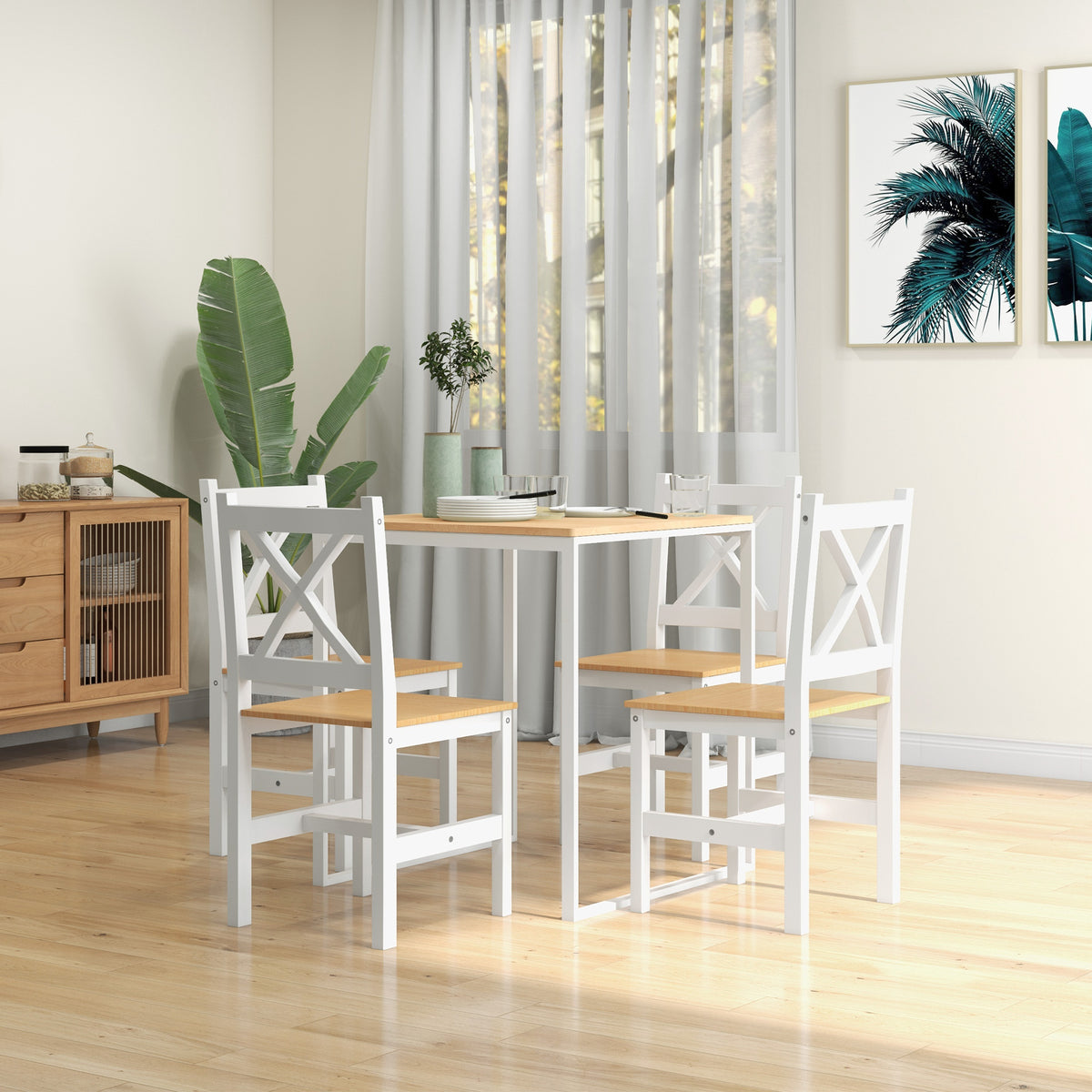 Lot de 4 chaises en bois massif style campagne, blanc et chêne