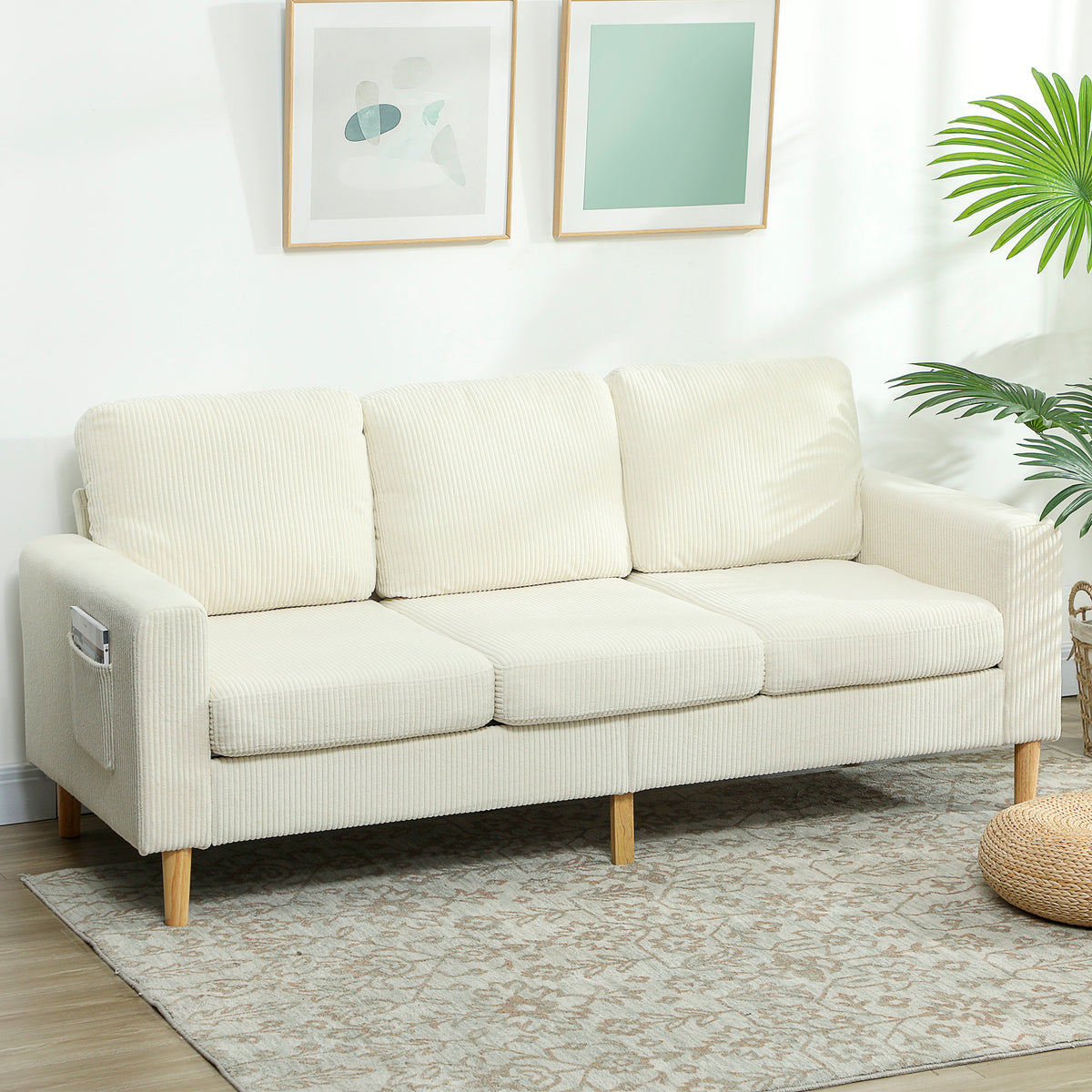 Canapé 3 places en velours côtelé beige, 192 cm