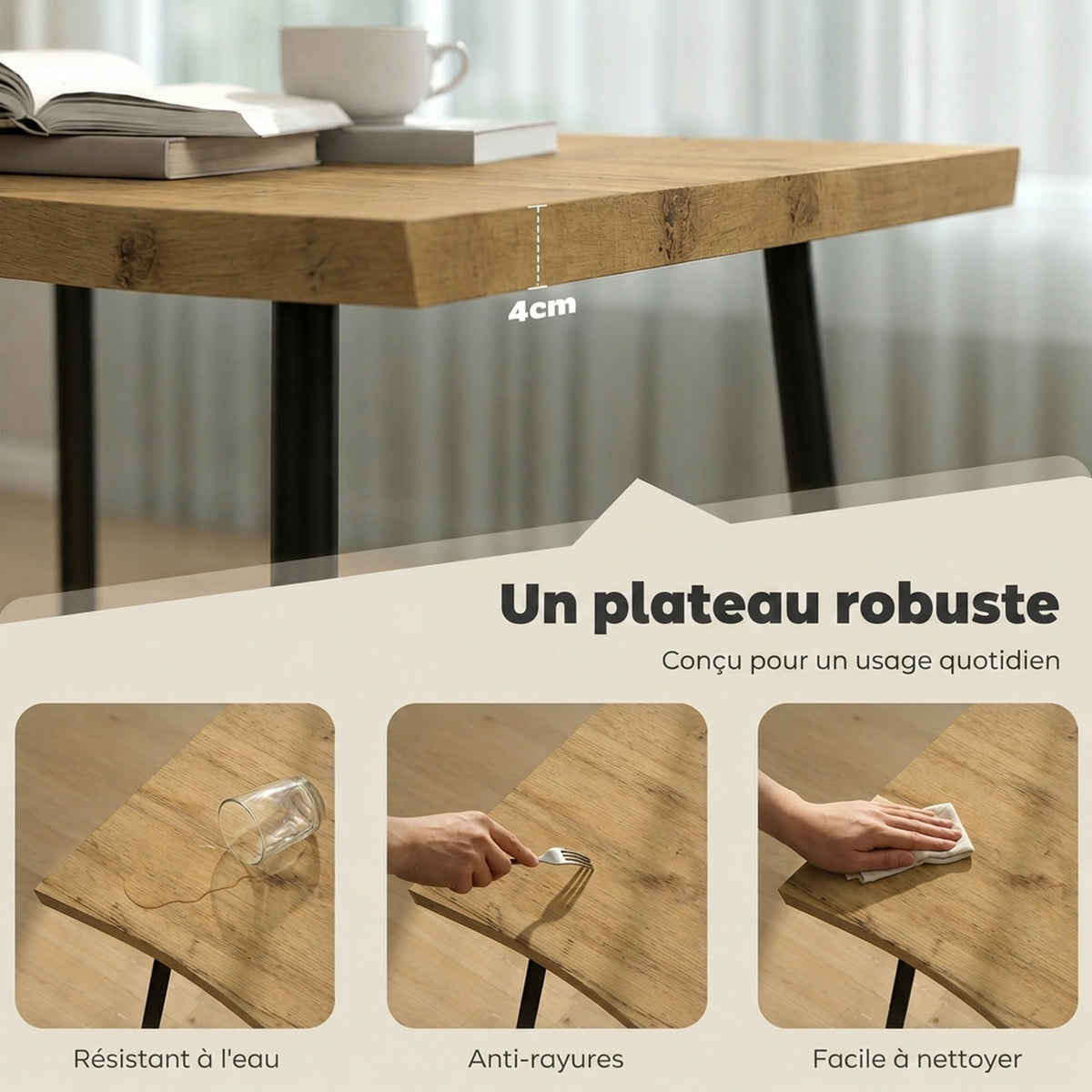Table à manger 4 personnes effet chêne, 110 x 70 cm