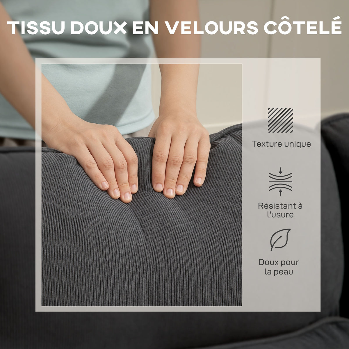 Canapé d'angle convertible 3 places en velours côtelé gris, 205 cm
