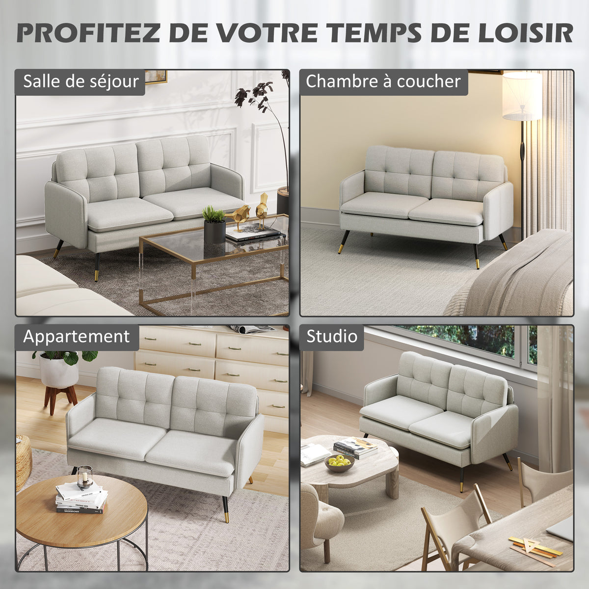 Canapé 2 places crème effet lin, dossier boutonné, 139 cm
