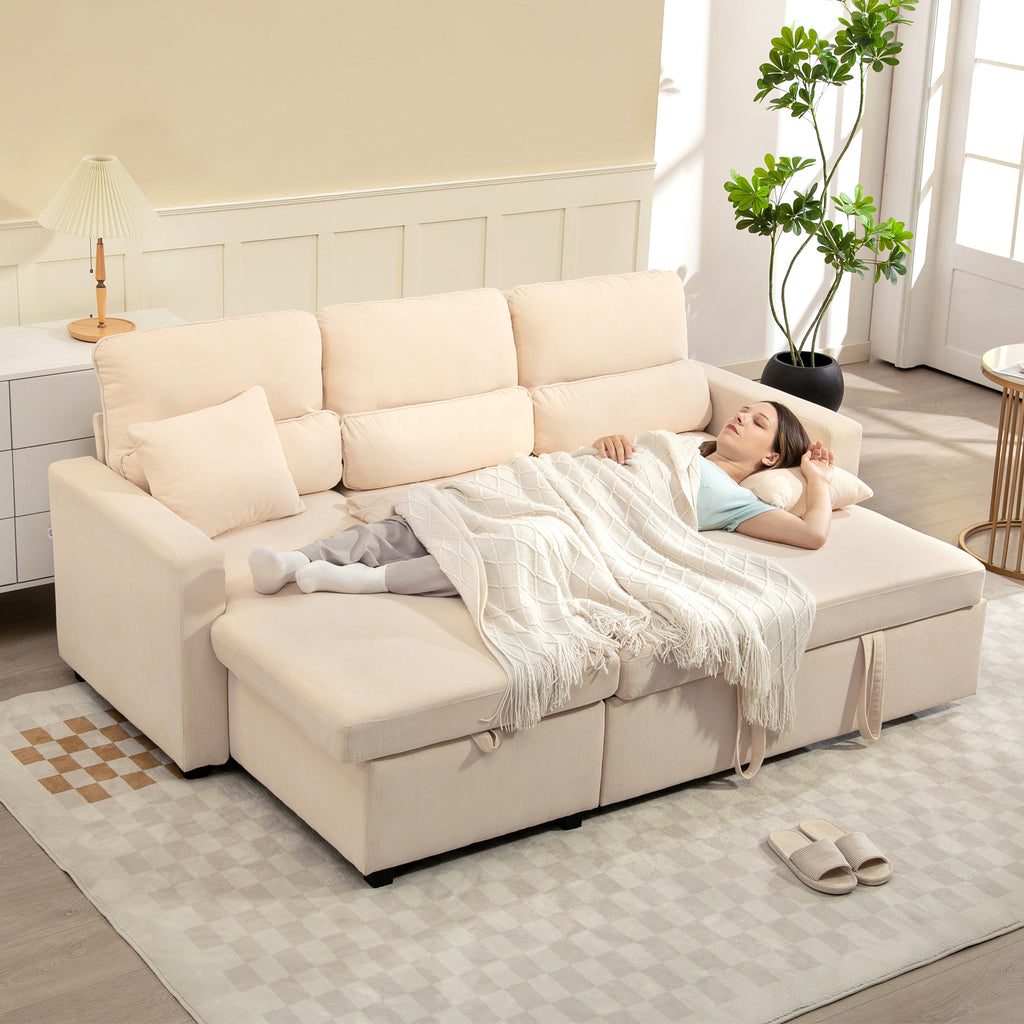 Canapé d'angle convertible 3 places en velours côtelé beige, 205 cm