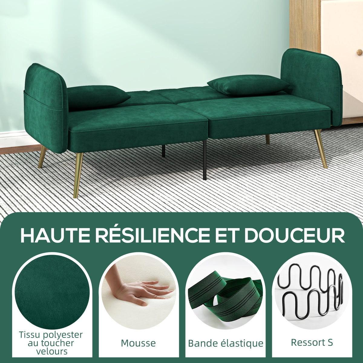 Canapé clic-clac convertible 2 places en velours vert foncé