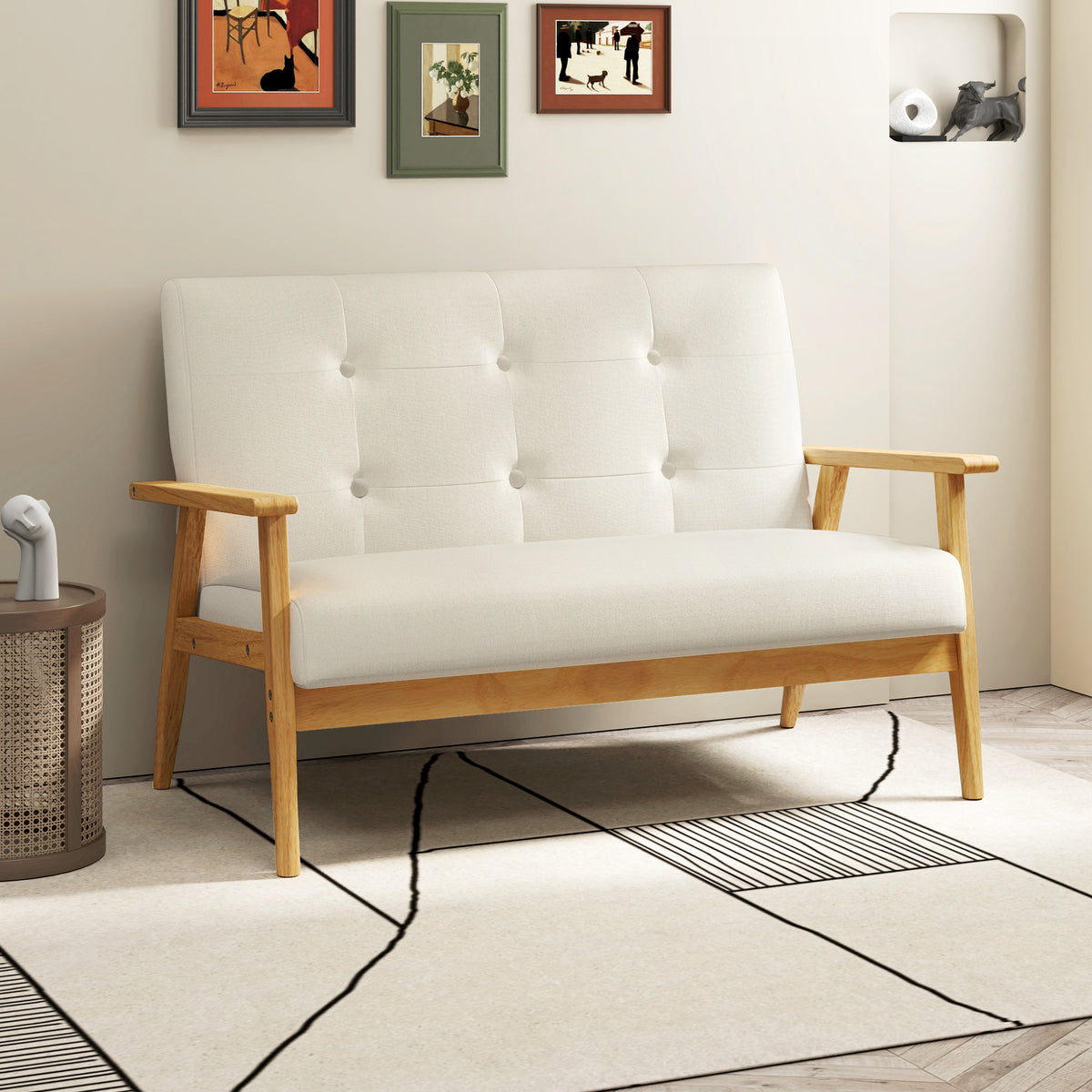 Canapé 2 places scandinave beige, dossier capitonné, 115 cm