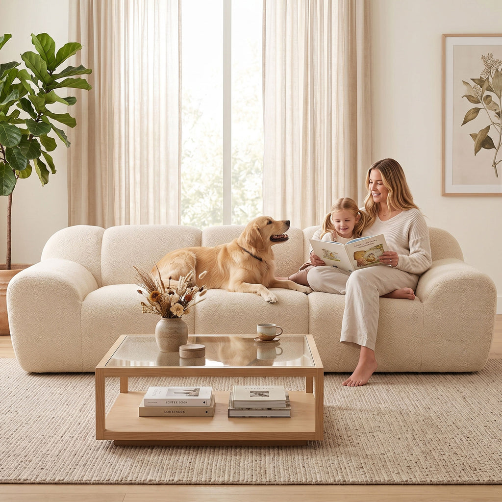 Canapé 3 places en chenille beige, forme nuage, 233 cm