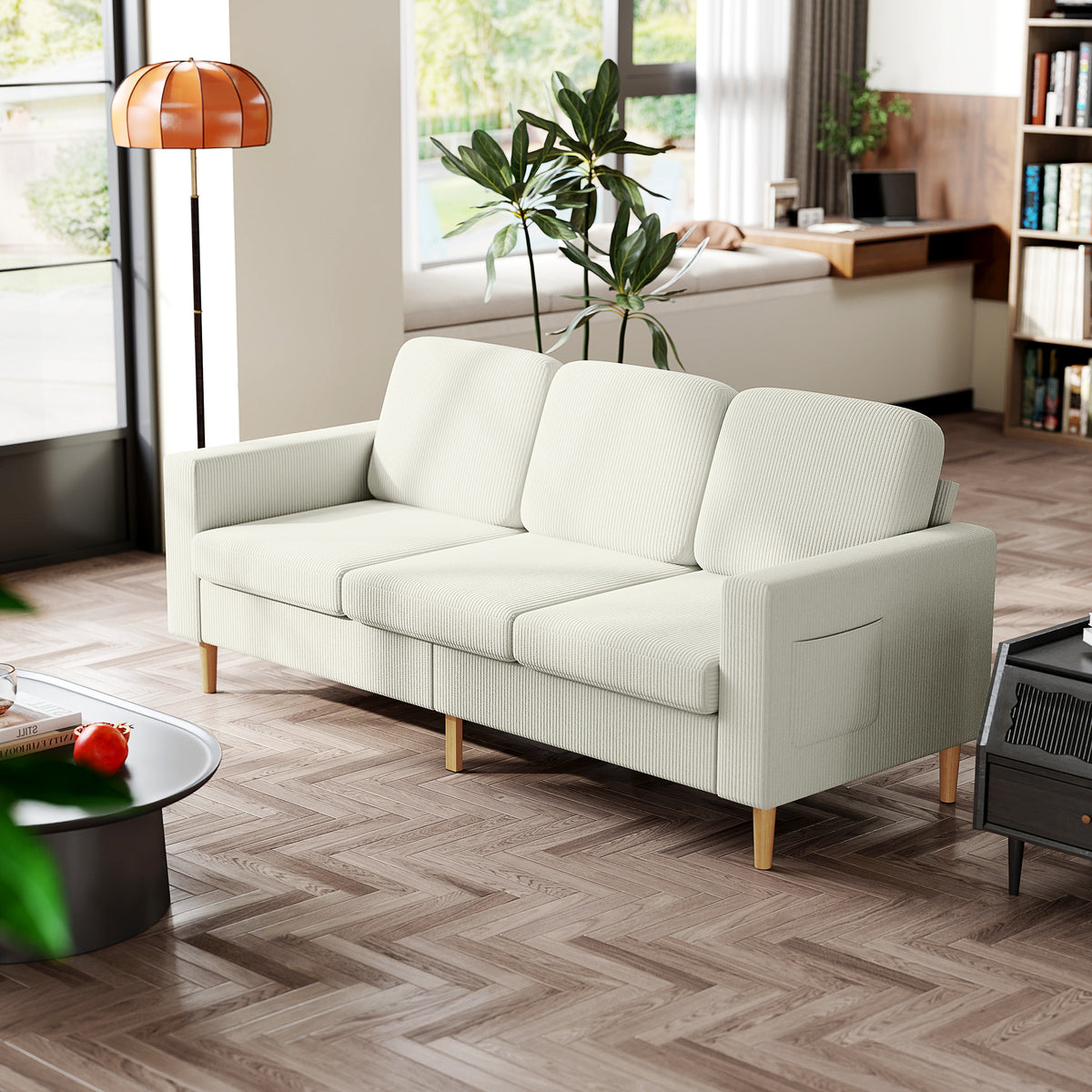 Canapé 3 places en velours côtelé beige, 192 cm
