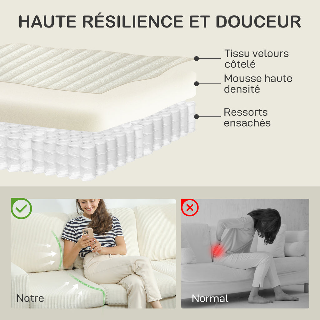 Canapé 3 places en velours côtelé beige, 192 cm