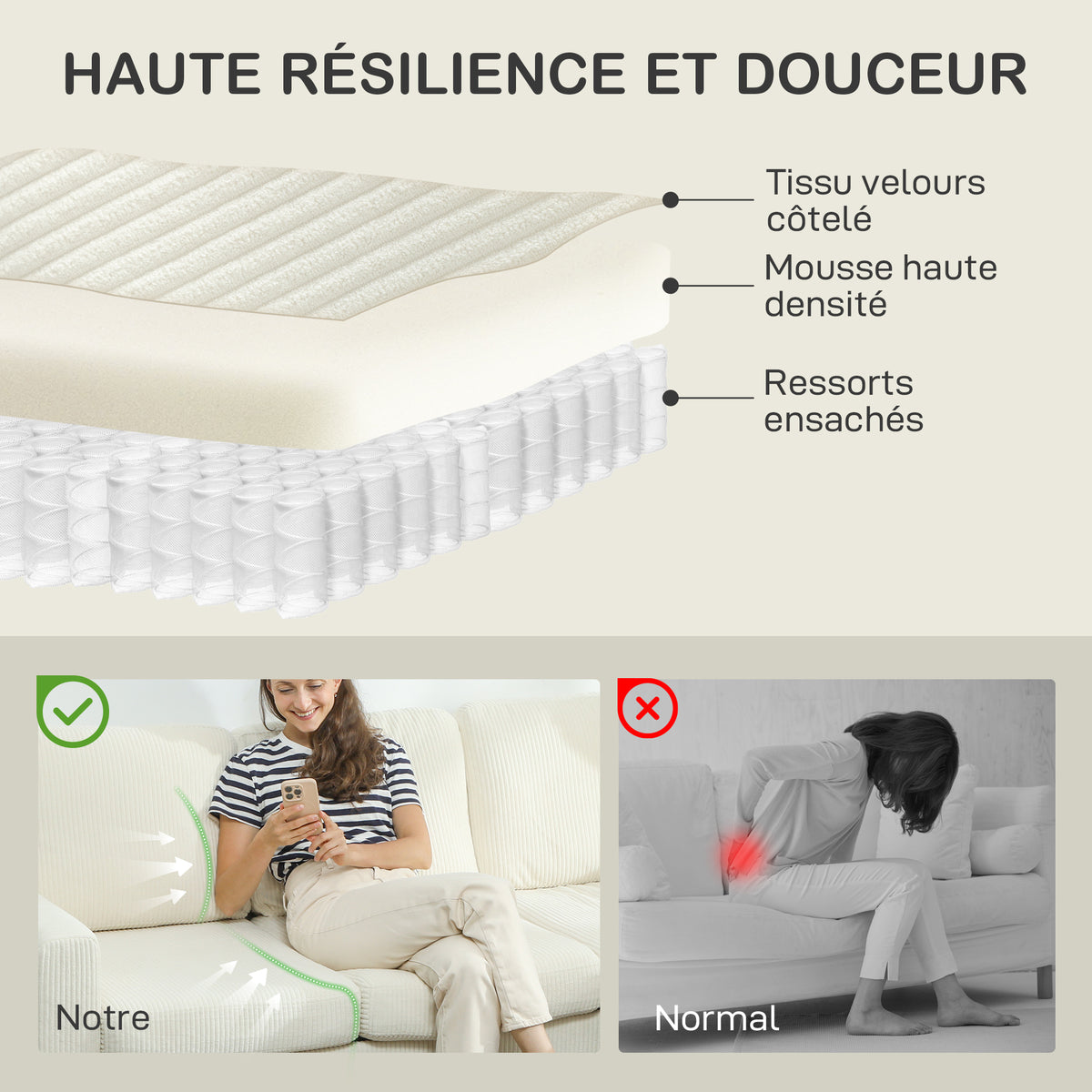 Canapé 3 places en velours côtelé beige, 192 cm