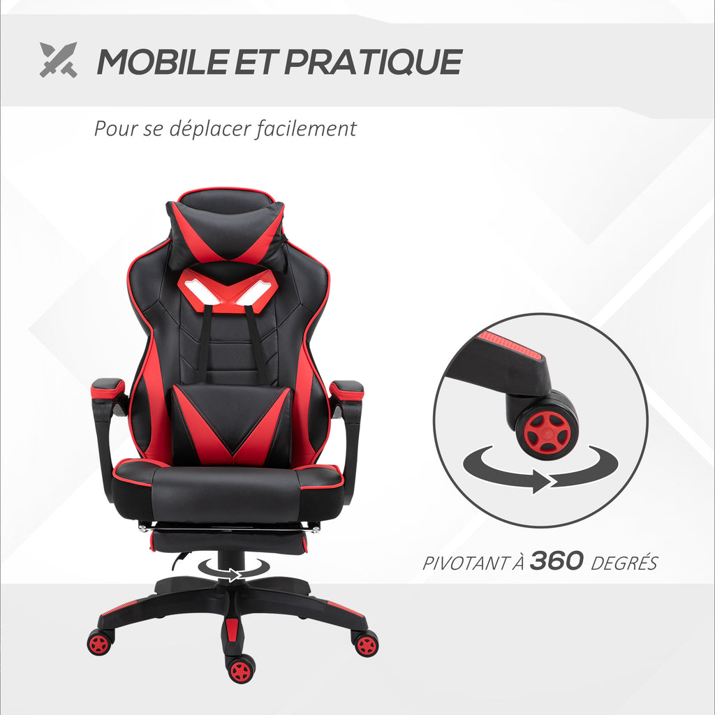 Chaise gaming ergonomique noir et rouge, repose-pieds et coussins inclus