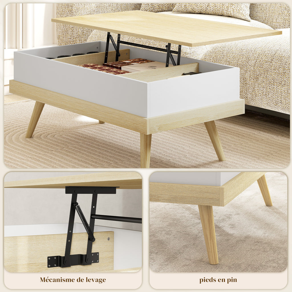 Table basse relevable avec 3 compartiments cachés, naturel et blanc