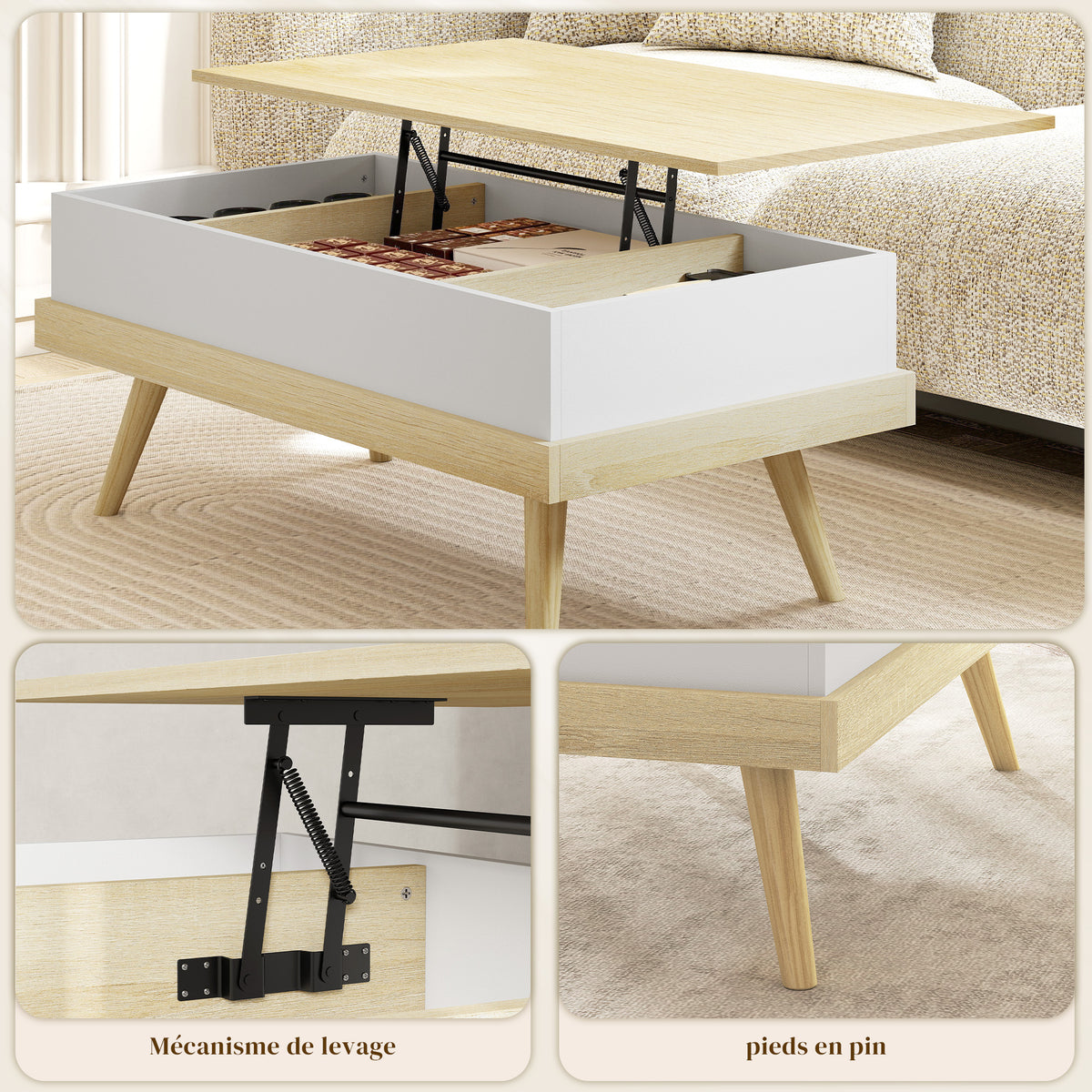 Table basse relevable avec 3 compartiments cachés, naturel et blanc