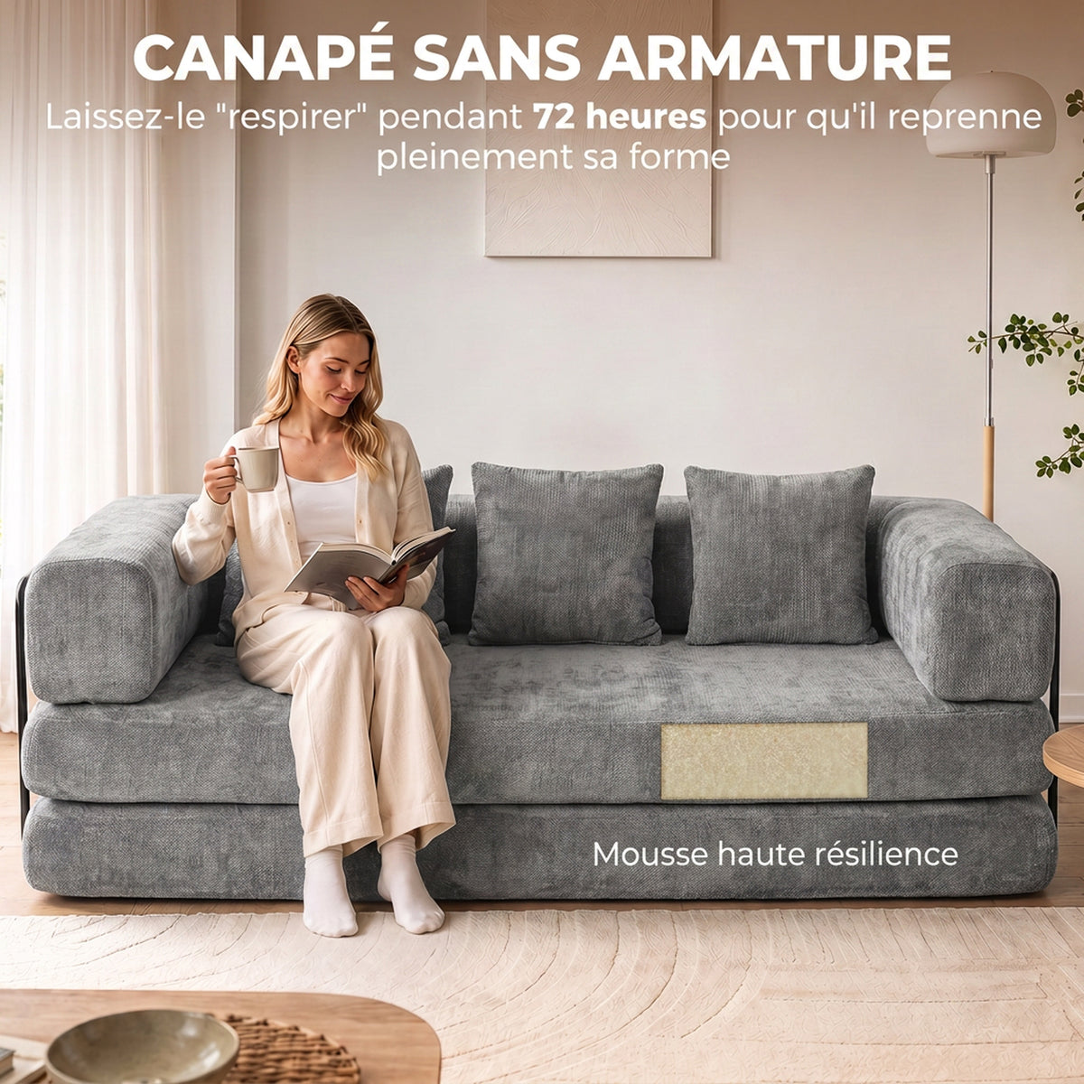 Canapé convertible 3 places en chenille gris, 205 cm