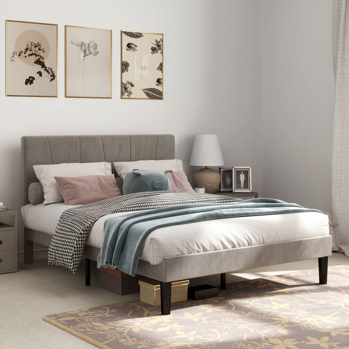 Lit double 140 x 190 cm gris effet velours, tête de lit réglable
