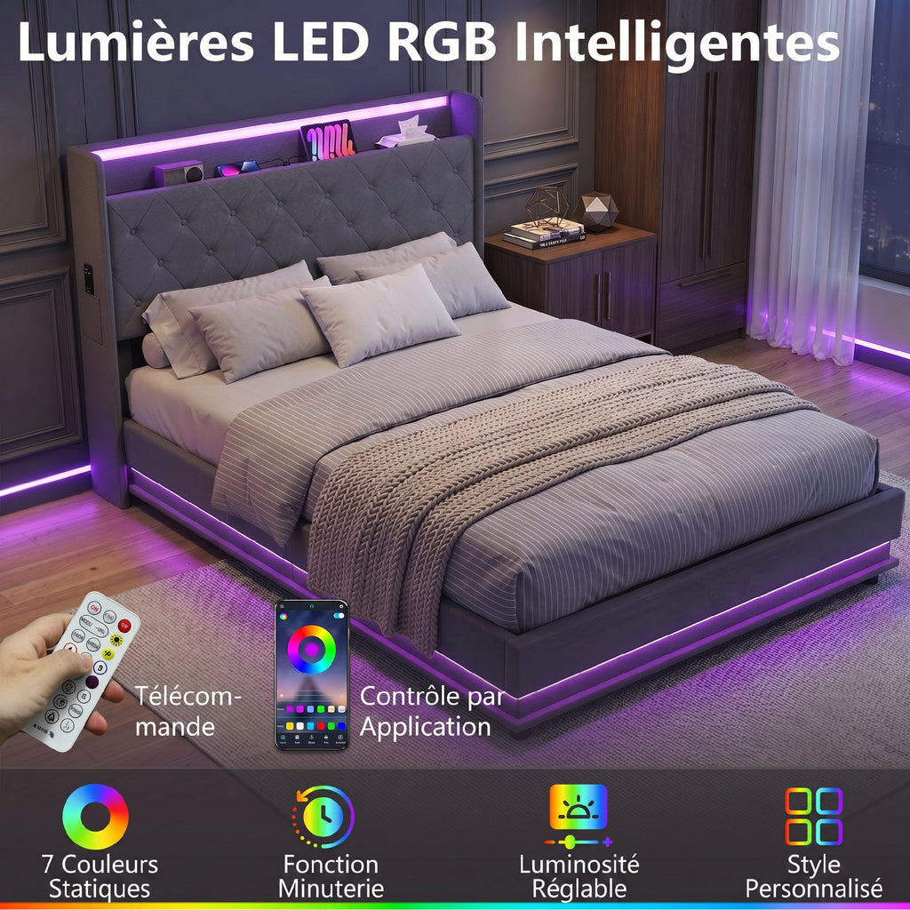 Lit coffre 140 x 190 cm gris, éclairage LED et station de charge USB