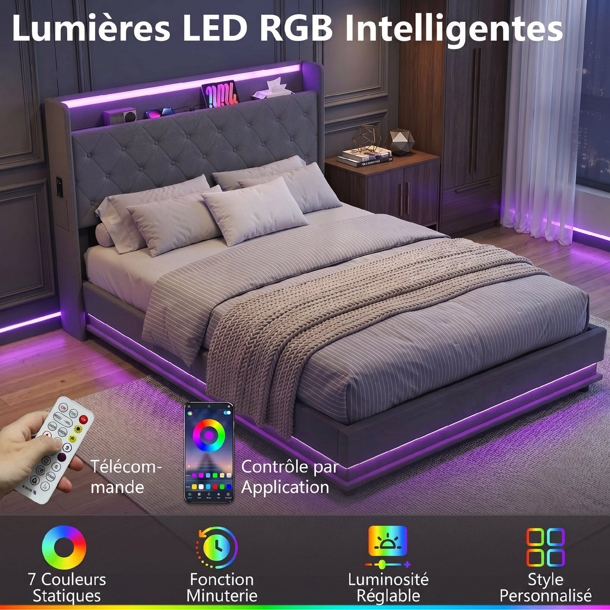 Lit coffre 140 x 190 cm gris, éclairage LED et station de charge USB