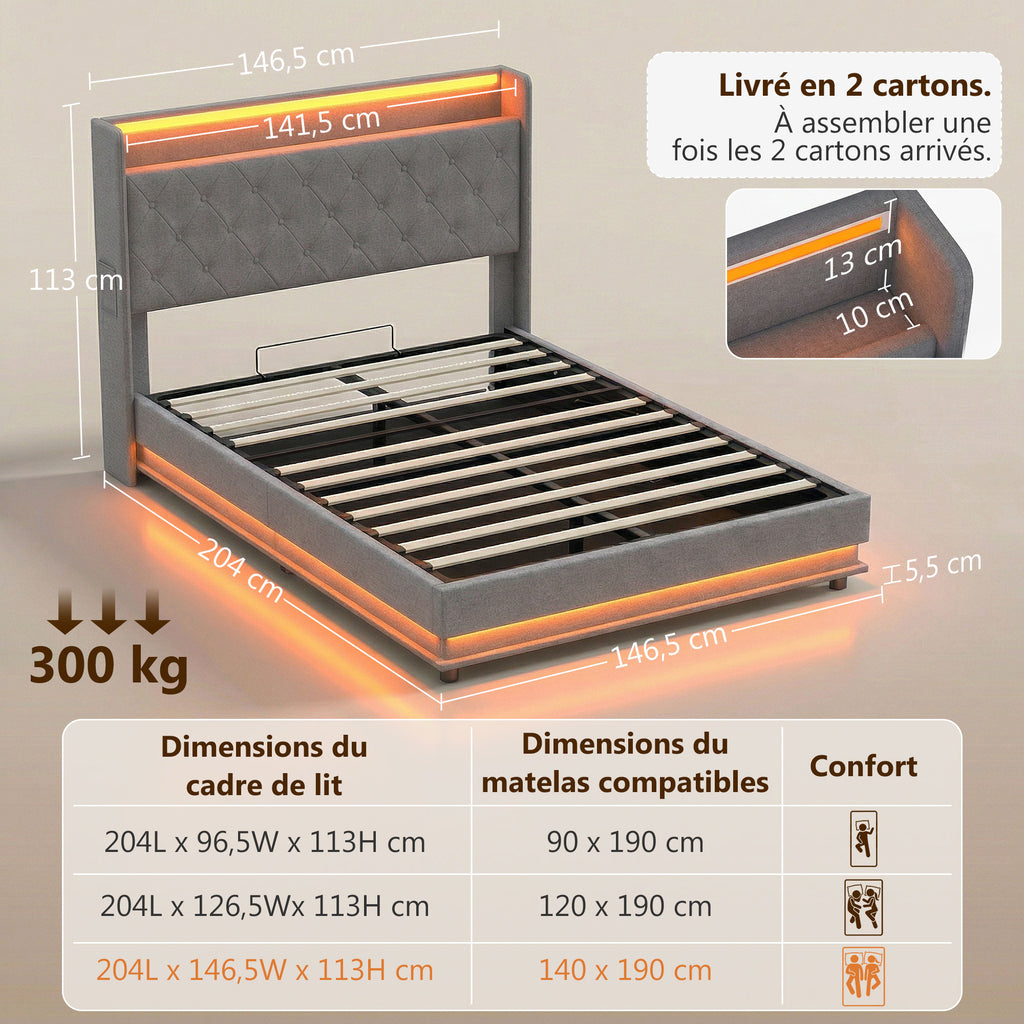 Lit coffre 140 x 190 cm gris, éclairage LED et station de charge USB