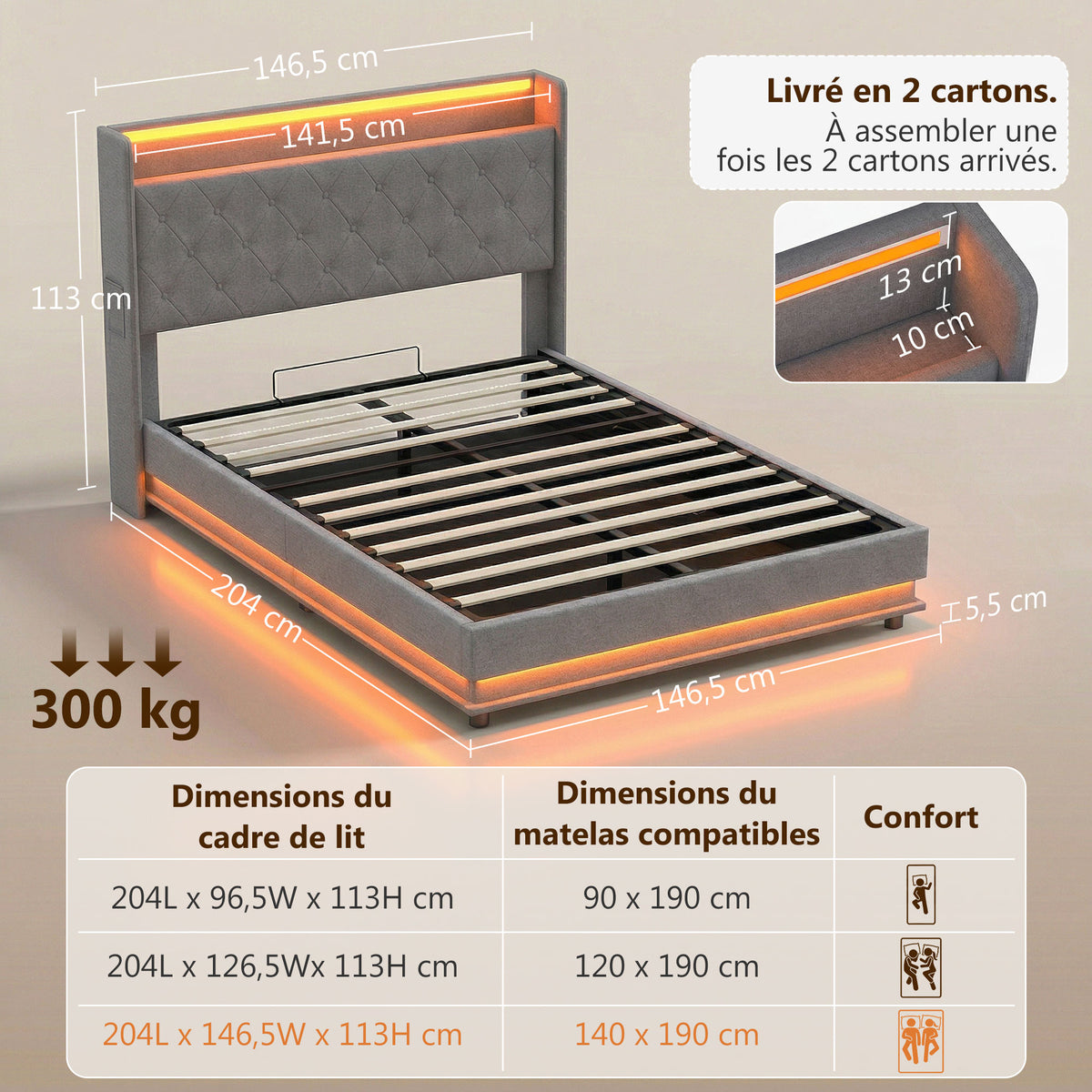 Lit coffre 140 x 190 cm gris, éclairage LED et station de charge USB